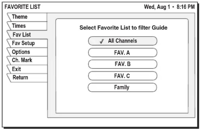 FAVORITE LIST Theme Times Fav List Fav Setup Options Ch. Mark Exit Return Select Favorite List to filter Guide ✓ All Channels FAV. A FAV. B FAV. C Family Wed, Aug 1 • 8:16 PM