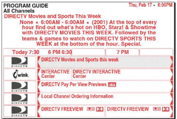 PROGRAM GUIDE Thu, Feb 17 • 6:00PM All Channels DIRECTV Movies and Sports This Week None • 6:00AM - 6:00AM • (2001) At the top of every hour find out what's hot on HBO, Starz! & Showtime with DIRECTV MOVIES THIS WEEK. Followed by the teams & games to watch on DIRECTV SPORTS THIS WEEK at the bottom of the hour. Special. Today 7:30 6 PM 6:30 7 PM DIRECTV Movies and Sports this week wink. INTERACTIVE DIRECTV INTERACTIVE Center Center DIRECTV Pay Per View Previews Local Channel Ordering Information DIRECTV FREEVIEW DIRECTV FREEVIEW