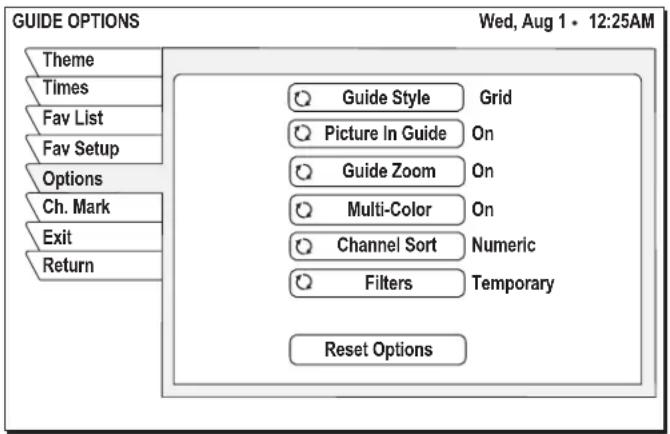 GUIDE OPTIONS Theme Times Fav List Fav Setup Options Ch. Mark Exit Return Guide Style Grid Picture In Guide On Guide Zoom On Multi-Color On Channel Sort Numeric Filters Temporary Reset Options Wed, Aug 1 • 12:25AM