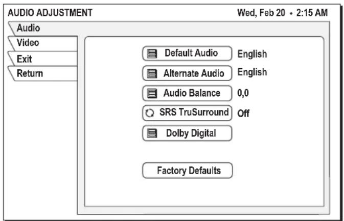 AUDIO ADJUSTMENT Wed, Feb 20 • 2:15 AM Audio Video Exit Return Default Audio English Alternate Audio English Audio Balance 0,0 SRS TruSurround Off Dolby Digital Factory Defaults