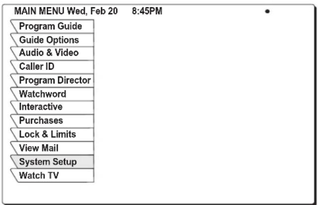 MAIN MENU Wed, Feb 20 8:45PM Program Guide Guide Options Audio & Video Caller ID Program Director Watchword Interactive Purchases Lock & Limits View Mail System Setup Watch TV