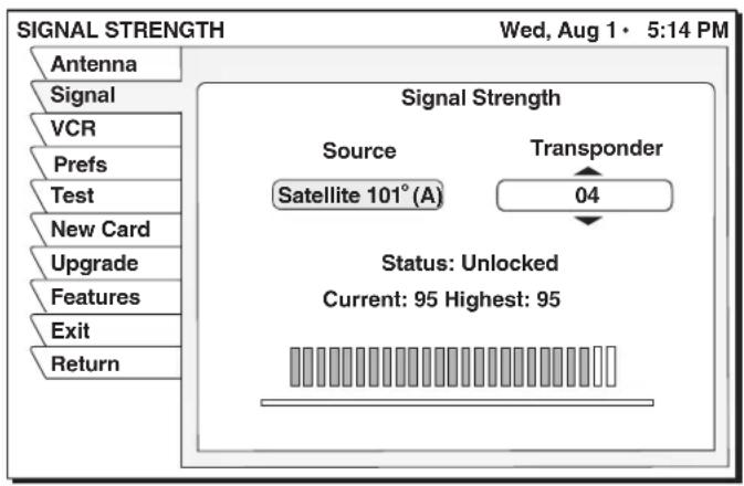 SIGNAL STRENGTH Antenna Signal VCR Prefs Test New Card Upgrade Features Exit Return Wed, Aug 1 • 5:14 PM Signal Strength Source Satellite 101° (A) Transponder 04 Status: Unlocked Current: 95 Highest: 95
