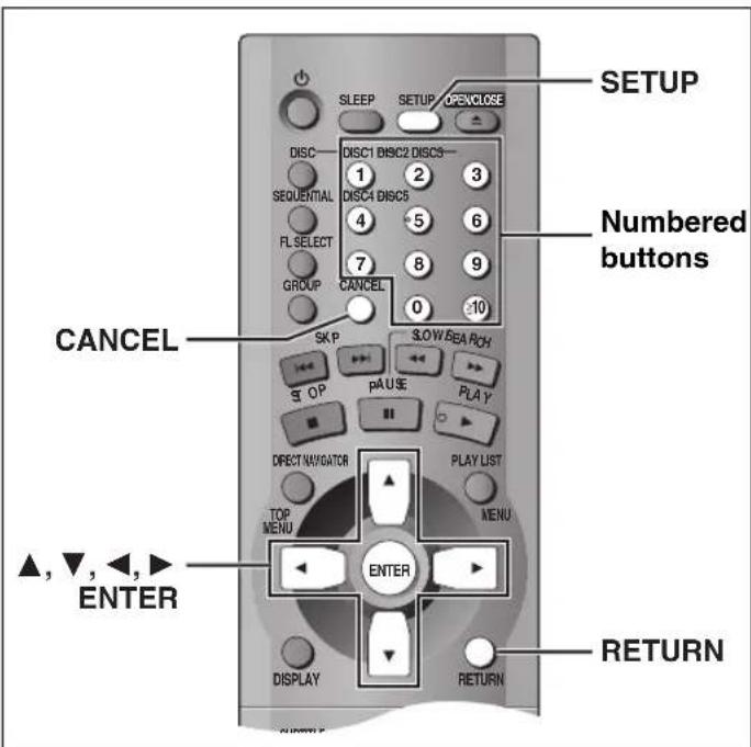 SLEEP SETUP OPEN/CLOSE DISC1 DISC2 DISC3 1 2 3 DISC4 DISC5 4 5 6 FL SELECT 7 8 9 GROUP CANCEL 0 10 SLOW.BEA.PCH CANCEL STOP PAUSE PLAY DIRECT NAVIGATOR PLAY LIST TOP MENU MENU ▲,▼,◀,▲ ENTER ENTER DISPLAY RETURN RETURN