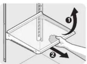 Diagram showing a hand holding a tray with labeled parts and directional arrows indicating movement or force