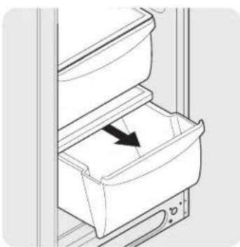Diagram of a refrigerator drawer with an arrow indicating a directional flow or insertion (no text or symbols present)