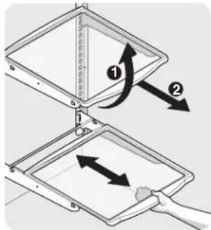 Diagram illustrating two steps of a mechanical or electrical component handling, labeled with arrows and numbered indicators.