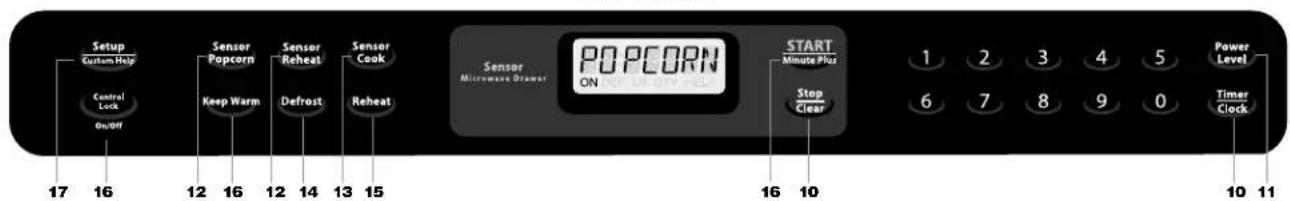 Setup Custom Help Control Lock On/Off 17 16 Sensor Popcorn Keep Warm 12 16 Sensor Reheat Defrost 12 14 Sensor Cook Reheat 13 15 Sensor Microwave Drawer POPCORN ON UP ONLY HEL START Minute Plus Stop Clear 1 2 3 4 5 6 7 8 9 0 Power Level Timer Clock 16 10 10 11