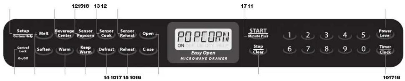 Setup Custom Help Melt Beverage Center Sensor Popcorn Sensor Cook Sensor Reheat Open Control Lock On/Off Soften Warm Keep Warm Defrost Reheat Close 121518 13 12 14 1017 15 1016 17 11 POPCORN ON Easy Open MICROWAVE DRAWER START Minute Plus Stop Clear 1 2 3 4 5 6 7 8 9 0 Power Level Timer Clock 101716