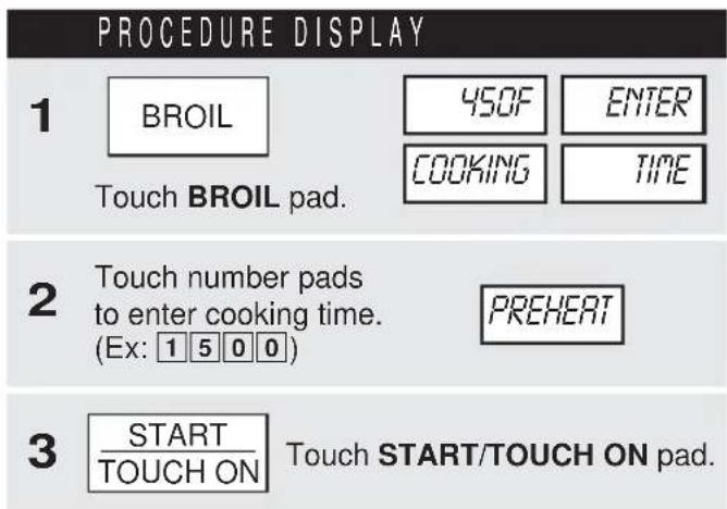PROCEDURE DISPLAY 1 BROIL 450F ENTER Touch BROIL pad. COOKING TIME 2 Touch number pads to enter cooking time. (Ex: 1 5 0 0) PREHEAT 3 START TOUCH ON Touch START/TOUCH ON pad.