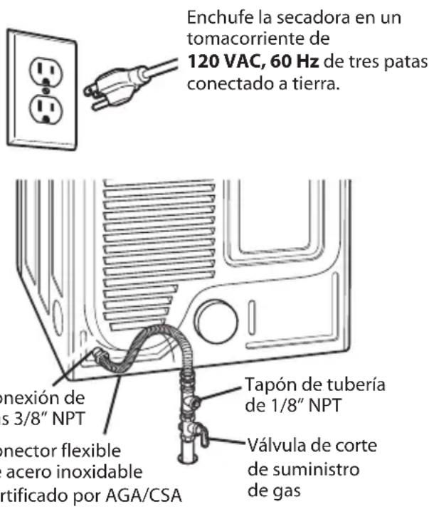 Enchufe la secadora en un tomacorriente de 120 VAC, 60 Hz de tres patas conectado a tierra. Taper de tubería de 1/8" NPT Válvula de corte de suministro de gas Anexión de s 3/8" NPT Connector flexible acero inoxidable certificado por AGA/CSA