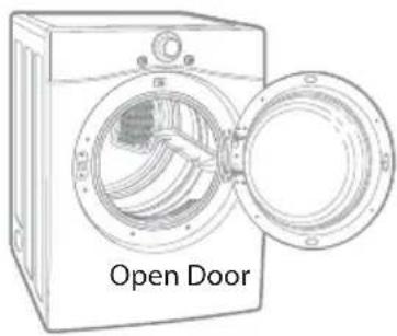 Line drawing of a washing machine with an open door, showing internal components (no text or symbols)