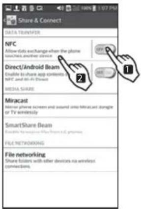 Share & Connect DATA TRANSFER NFC Allow data exchange when the phone touches another device Direct/Android Beam Enable to share app contents in NFC and Hi-Fi Direct MEDIA SHARE Miracast Minor phone screen and sound into Miracast toggle or TV wireless SmartShare Bean Enable to access through a Web br…