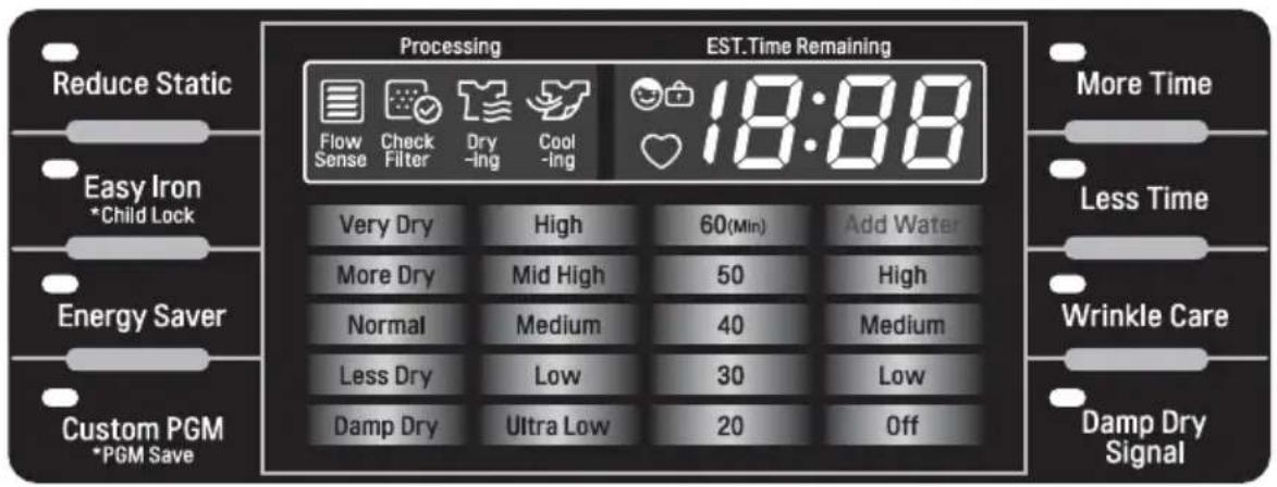 Reduce Static Easy Iron *Child Lock Energy Saver Custom PGM *PGM Save Processing Flow Sense Check Filter Dry -ing Cool -ing EST.Time Remaining 18:88 Very Dry High 60(Min) Add Water More Dry Mid High 50 High Normal Medium 40 Medium Less Dry Low 30 Low Damp Dry Ultra Low 20 Off More Time Less Time Wri…