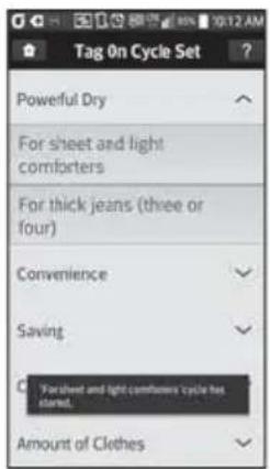 Tag On Cycle Set Powerful Dry For sheet and light comforters For thick jeans (three or four) Convenience Saving For sheet and light comforters cycle has started. Amount of Clothes