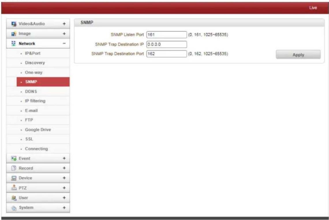 Live Video&Audio + Image + Network - IP&Port Discovery One-way SNMP DDNS IP filtering E-mail FTP Google Drive SSL Connecting Event + Record + Device + PTZ + User + System + SNMP SNMP Listen Port 161 (0, 161, 1025~65535) SNMP Trap Destination IP 0.0.0.0 SNMP Trap Destination Port 162 (0, 162, 1025~65535) Apply