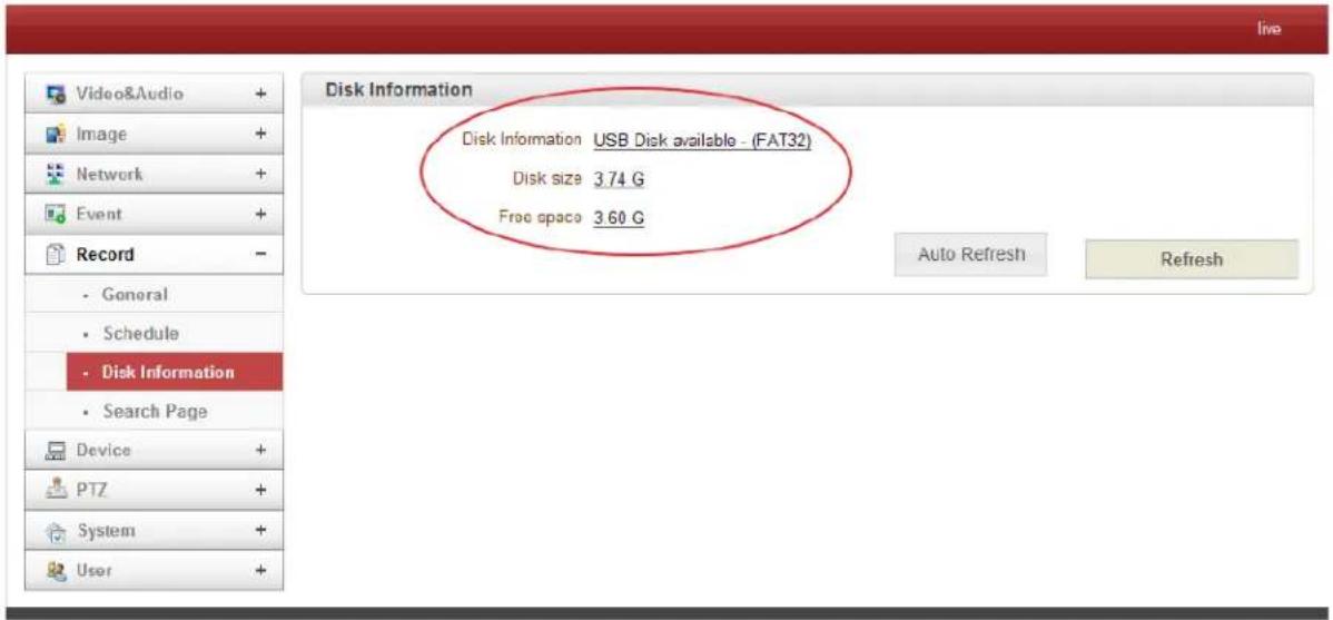 Disk Information Disk Information USB Disk available - (FAT32) Disk size 3.74 G Free space 3.60 G Auto Refresh Refresh