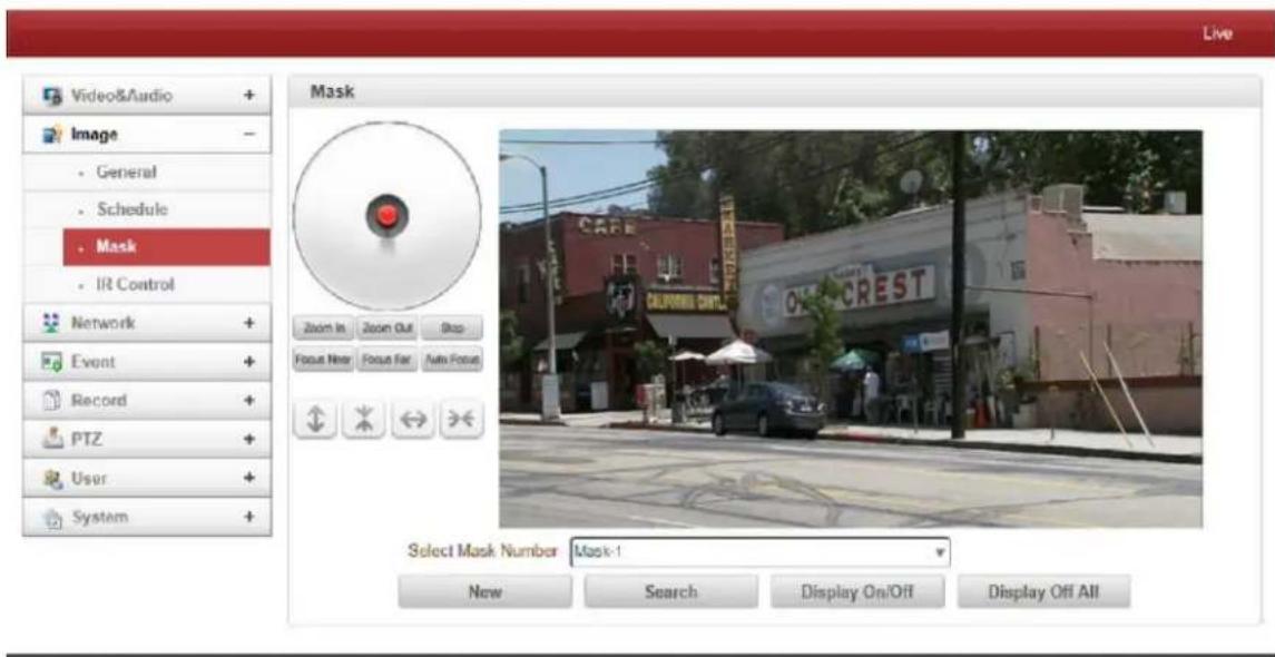 Video&Audio + Image - General - Schedule - Mask - IR Control Network + Event + Record + PTZ + User + System + Mask Zoom In Zoom Out Stop Focus New Focus Far Auto Focus Select Mask Number Mask-1 New Search Display On/Off Display Off All Live CAFE CALIFORNIA CNTL CREST