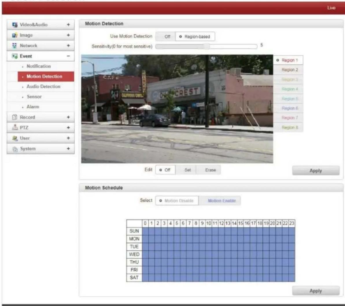 Live Video&Audio + Image + Network + Event - Notification Motion Detection Audio Detection Sensor Alarm Record + PTZ + User + System + Motion Detection Use Motion Detection Off Region-based Sensitivity(0 for most sensitive) 5 Region 1 Region 2 Region 3 Region 4 Region 5 Region 6 Region 7 Region 8 Edit Off Set Erase Apply Motion Schedule Select Motion Disable Motion Enable 0 1 2 3 4 5 6 7 8 9 10 11 12 13 14 15 16 17 18 19 20 21 22 23 SUN MON TUE WED THU FRI SAT Apply