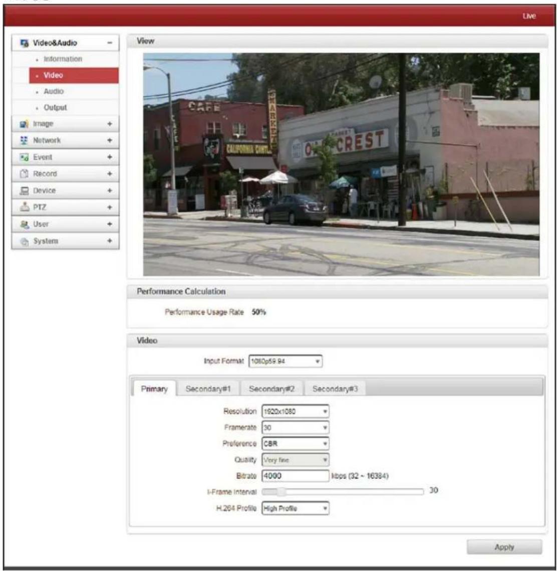 Live Video&Audio • Information • Video • Audio • Output Image + Network + Event + Record + Device + PTZ + User + System + View CAFE CALIFORNIA CNTL CREST Performance Calculation Performance Usage Rate 50% Video Input Format 1080p59.94 Primary Secondary#1 Secondary#2 Secondary#3 Resolution 1920x1080 Framerate 30 Preference CSR Quality Very fine Bitrate 4000 kbps (32 - 16384) I-Frame Interval 30 H.264 Profile High Profile Apply