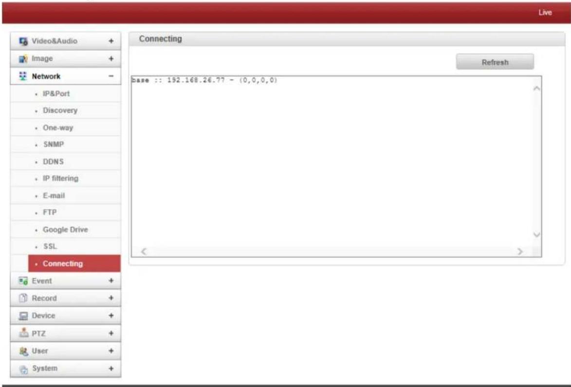 Video&Audio + Image + Network - IP&Port Discovery One-way SNMP DDNS IP filtering E-mail FTP Google Drive SSL Connecting Event + Record + Device + PTZ + User + System + Connecting Refresh base :: 192.168.26.77 - (0,0,0,0)
