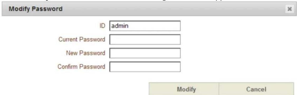 Modify Password ID admin Current Password New Password Confirm Password Modify Cancel
