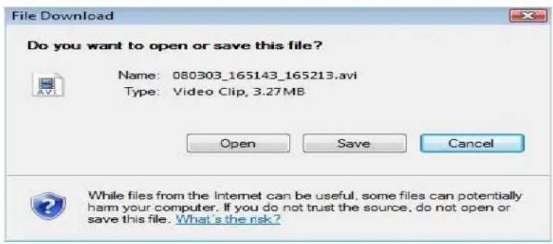File Download Do you want to open or save this file? Name: 080303_165143_165213.avi Type: Video Clip, 3.27MB Open Save Cancel While files from the Internet can be useful, some files can potentially harm your computer. If you do not trust the source, do not open or save this file. What's the risk?