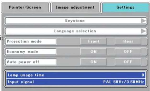 Elmo iP-40 - Check that the indication of the lamp usage time has become "0 H" as illustrated in the diagram to the right. - 1