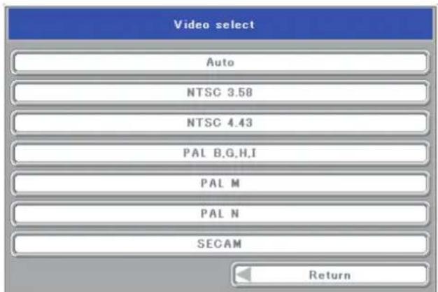 Elmo iP-40 - Sub menu: Video Select (only valid when the input is set to VIDEO) - 1