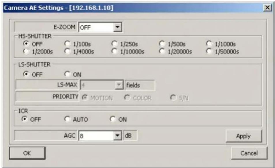 Camera AE Settings - [192.168.1.10] E-ZOOM OFF HS-SHUTTER OFF 1/100s 1/250s 1/500s 1/1000s 1/2000s 1/4000s 1/10000s 1/20000s 1/50000s LS-SHUTTER OFF ON LS-MAX 4 fields PRIORITY MOTION COLOR S/N ICR OFF AUTO ON AGC 8 dB Apply OK Cancel