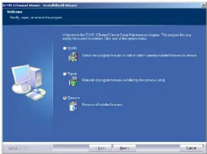ELMB 1Channel Viewer - InstallShield Wizard Welcome Modify, repair, or remove the program. Welcome to the ELMB 1Channel Viewer Setup Maintenance program. This program lets you modify the current installation. Click one of the options below. Modify Select new program features to add or select currently installed features to remove. Remove Removal all program features installed by the previous setup. Remove Remove installed features.