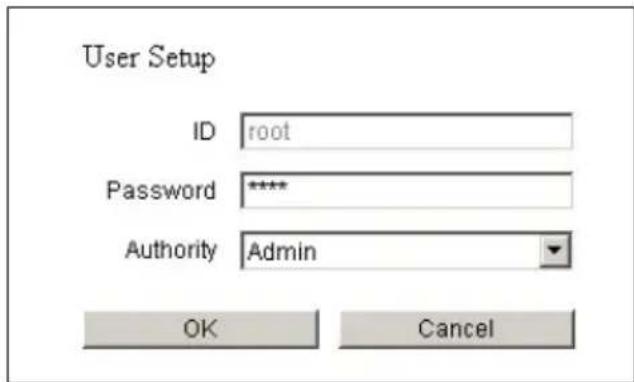 User Setup ID root Password ***** Authority Admin OK Cancel