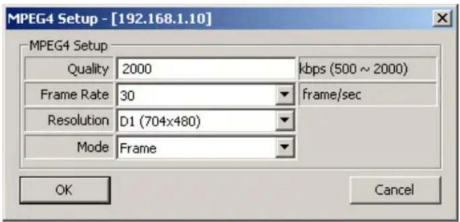 MPEG4 Setup - [192.168.1.10] MPEG4 Setup Quality 2000 kbps (500 ~ 2000) Frame Rate 30 frame/sec Resolution D1 (704x480) Mode Frame OK Cancel