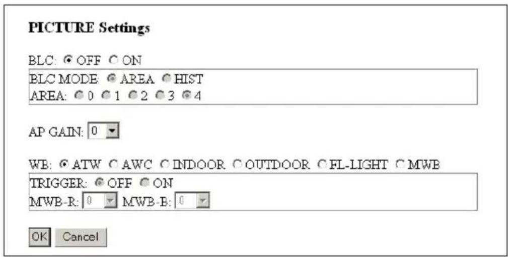 PICTURE Settings BLC: OFF ON BLC MODE AREA HIST AREA: 0 1 2 3 4 AP GAIN: 0 WB: ATW AWC INDOOR OUTDOOR FL-LIGHT MWB TRIGGER: OFF ON MWB-R: 0 MWB-B: 0 OK Cancel