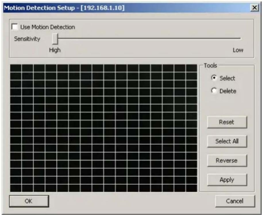 Motion Detection Setup - [192.168.1.10] Use Motion Detection Sensitivity High Low Tools Select Delete Reset Select All Reverse Apply OK Cancel