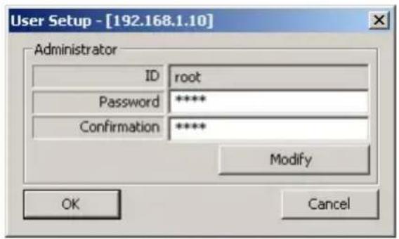 User Setup - [192.168.1.10] Administrator ID root Password ***** Confirmation ***** Modify OK Cancel