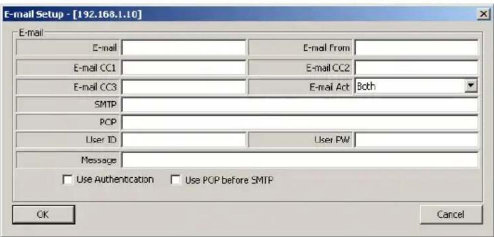 E-mail Setup - [192.168.1.10] E-mail E-mail From E-mail CC1 E-mail CC2 E-mail CC3 E-mail Act Both SMTP PCP User ID User PW Message Use Authentication Use POP before SMTP OK Cancel
