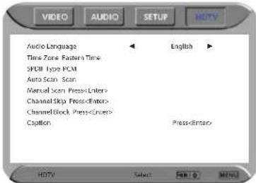 AUDIO AUDIO SETUP HDTV Audio Language Time Zone: Faster Time SPDR Type PCM Auto Scan Scan Manual Scan Press ChannelSkip Press ChannelBlock Press Caption English ▶ Press HDTV Select PART 0 MENU