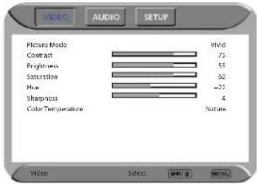 VIDEO AUDIO SETUP Picture Mode VMid Contract 75 Brightness 53 Saturation 62 Blue -20 Sharpness 4 Color Temperature Nature Video Select NET NO