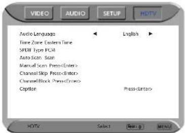 AUDIO AUDIO SETUP HOTY Audio Language Time Zone Eastern Time SPDR Type PCM Auto Scan Scan Manual Scan Press Channel Skip Press Channel Block Press Caption English Press HOTY Select Next > Next