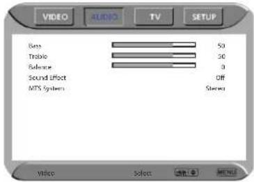 VIDEO AUDIO TV SETUP Gain 50 Turbic 50 Balance 0 Sound effect OFF MTS System Stereo Video Select 播放器 帮助