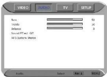 VIDEO AUDIO TV SETUP Base 50 Track 20 Balance 0 Sound PPT net Off MTS System Stereo Audio Select 播放器 播放器