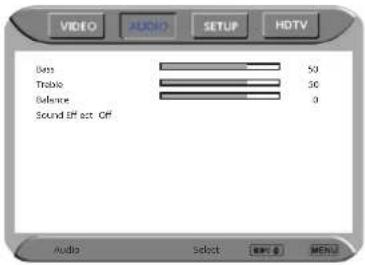 VIDEO AUDIO SETUP HDTV Bass 50 Trabio 30 Balance 3 Sound Eff out Off Audio Select OK Cancel