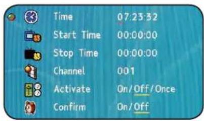 Time 07:23:32 Start Time 00:00:00 Stop Time 00:00:00 Channel 001 Activate On/Off/Once Confirm On/Off
