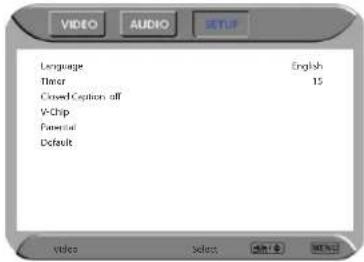 VIDEO AUDIO SETUP Language Timer Created Caption off VChip Functional Default English 15 Video Select OK/Cancel OK/Cancel