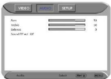 VIDEO AUDIO SETUP Bass 50 Trabio 30 Balance 9 Sound Effect Off Audio Select Next > Next