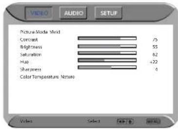 VIDEO AUDIO SETUP Picture Mode: Wild Contrast 75 Brightness 55 Saturation 62 Hue +22 Sharpness 4 Color Temperature Nature Video Select Edit View