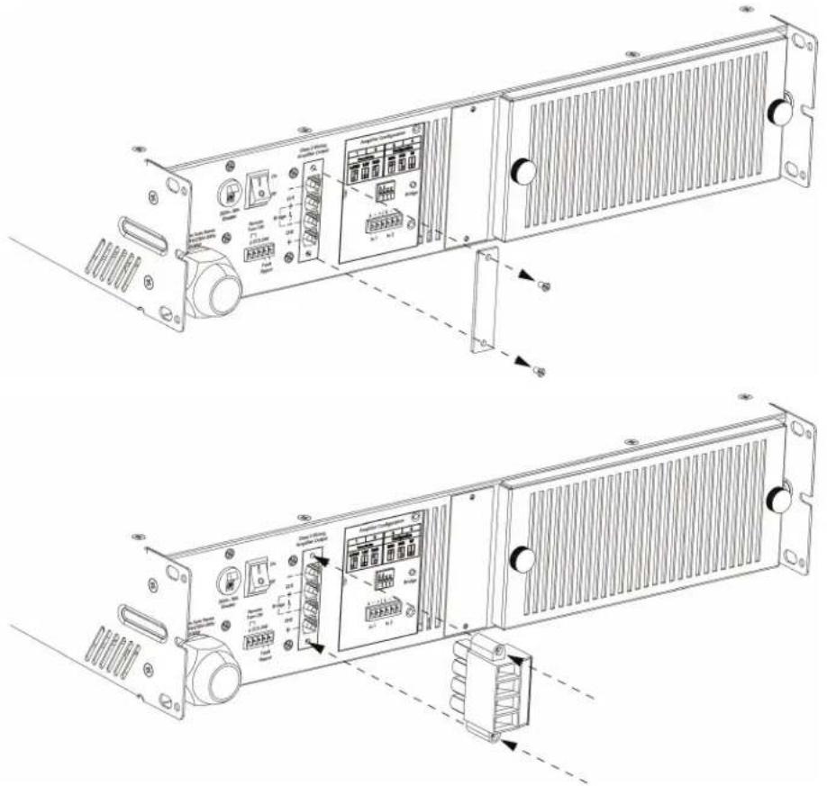 Technical line drawing of a server rack with labeled components and directional arrows indicating assembly or movement.