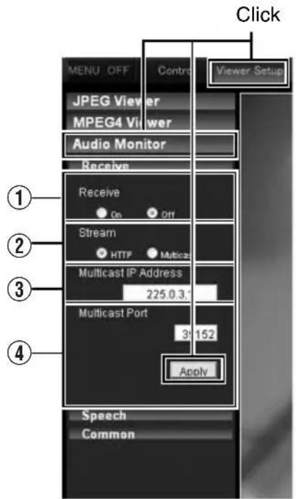 Click MENU OFF Control Viewer Setup JPEG Viewer MPEG4 Viewer Audio Monitor Receive Receive On Off Stream HTTP Multicast Multicast IP Address 225.0.3. Multicast Port 3:152 Apply Speech Common