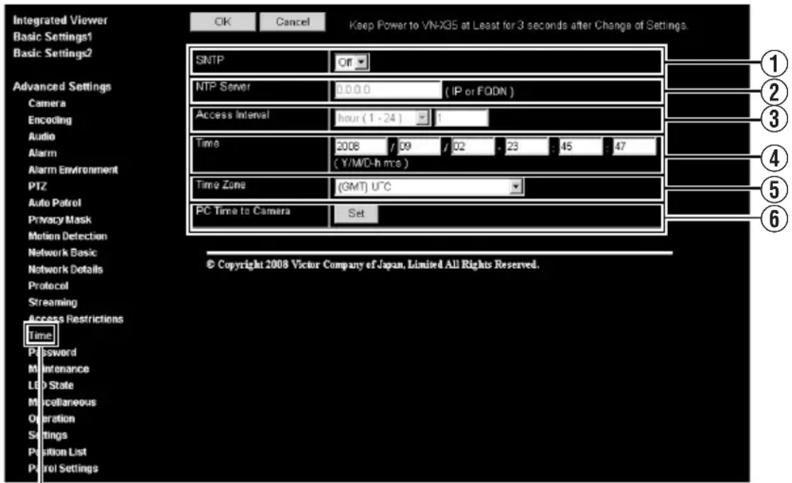 Integrated Viewer Basic Settings1 Basic Settings2 Advanced Settings Camera Encoding Audio Alarm Alarm Environment PTZ Auto Patrol Privacy Mask Motion Detection Network Basic Network Details Protocol Streaming Access Restrictions Time Password Maintenance LED State Miscellaneous Operation Settings Position List Patrol Settings OK Cancel Keep Power to VN-X35 at Least for 3 seconds after Change of Settings. SNTP Off NTP Server 0.0.0.0 (IP or FQDN) Access Interval hour (1 - 24) 1 Time 2008 / 09 / 02 - 23 : 45 : 47 (Y/M/D-h m/s) Time Zone (GMT) U°C PC Time to Camera Set © Copyright 2008 Victor Company of Japan, Limited All Rights Reserved.