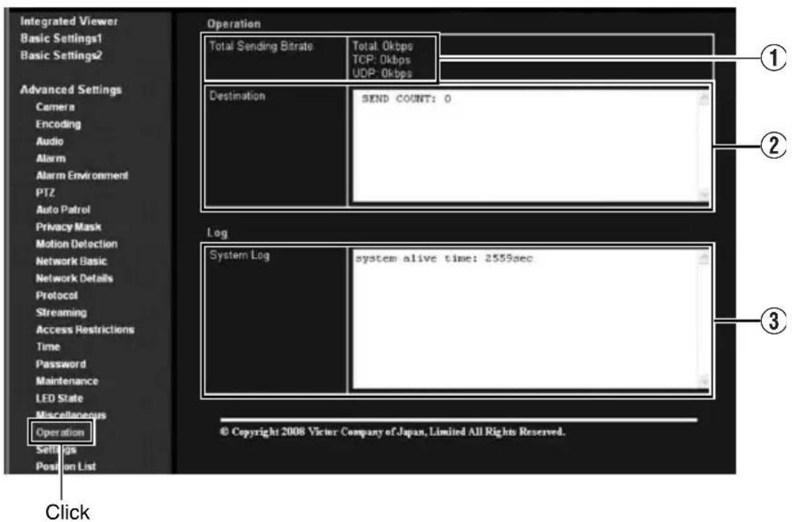 Integrated Viewer Basic Settings1 Basic Settings2 Advanced Settings Camera Encoding Audio Alarm Alarm Environment PTZ Auto Patrol Privacy Mask Motion Detection Network Basic Network Details Protocol Streaming Access Restrictions Time Password Maintenance LED State Miscellaneous Operation Settings Position List Operation Total Sending Bitrate Total. Okbps TCP: Okbps UDP: Okbps Destination SEND COUNT: 0 Log System Log system alive time: 2559sec © Copyright 2008 Victor Company of Japan, Limited All Rights Reserved. Click